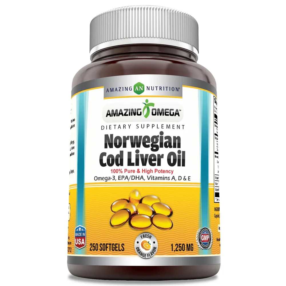 Amazing Omega Norwegian Cod Liver Oil Supplement 1250 Mg Orange Flavor 250 Softgels