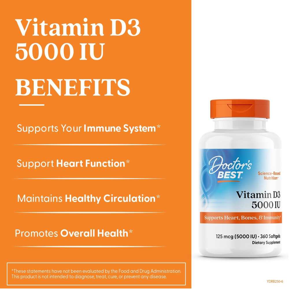 Doctor's Best Vitamin D3 125mcg (5000 Iu) Softgels 360 Count