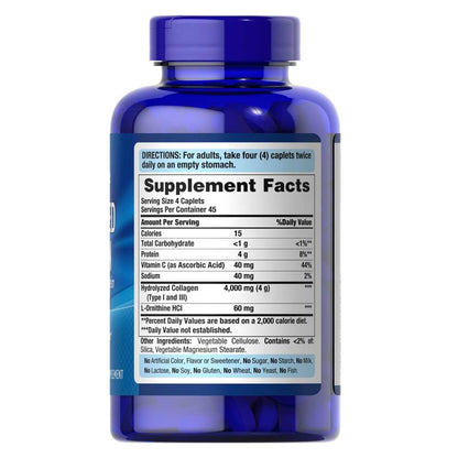 Puritan’s Pride Hydrolyzed Collagen – 180 Caplets | Type I & III | Beauty & Tissue Support