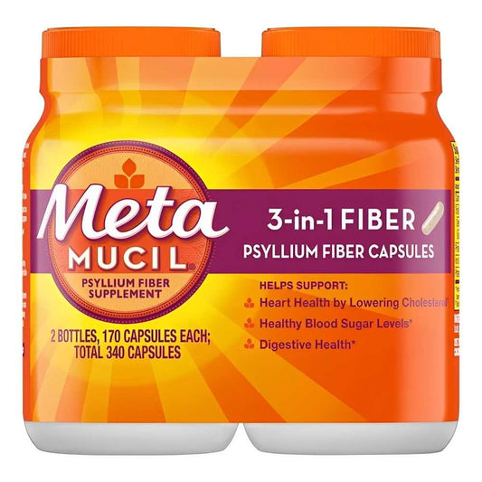 Meta Mucil Psyllium Fiber Supplement, 3-in-1 Fiber, 170 Capsules, Heart Health, Blood Sugar Support, Digestive Health