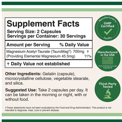 Double Wood Magnesium Acetyl-Taurate – Tauro Mag® Pms & Mood Support | 60 Capsules