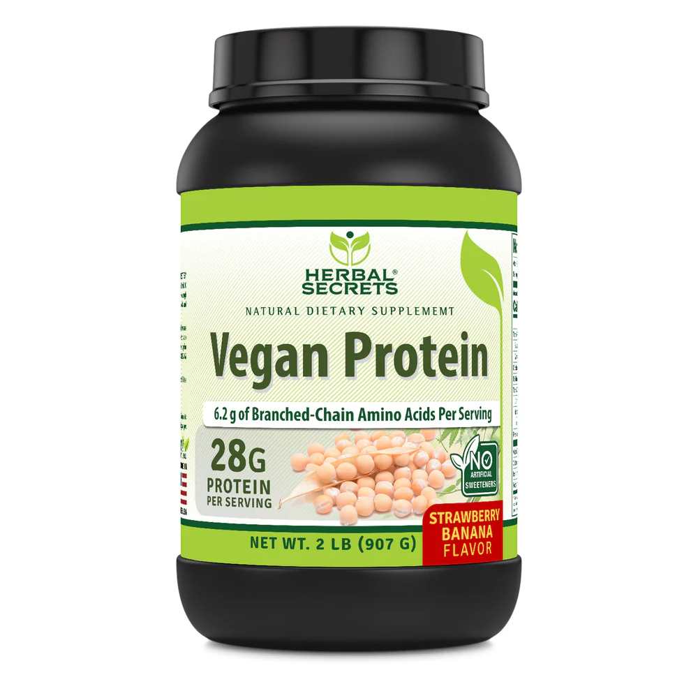 Herbal Secrets Vegan Protein 28 Grams with Bcaa 6.2 Grams per Serving Strawberry Banana Flavor 907g