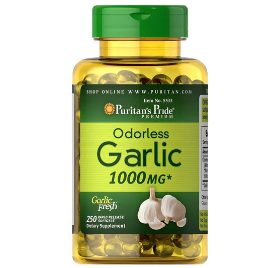 Puritan's Pride Premium Odorless Garlic 1000mg – Supports Heart & Immune Health, 250 Softgels