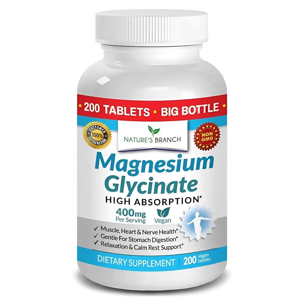 Nature's Branch Magnesium Glycinate 400mg – High Absorption, Vegan, 200 Tablets