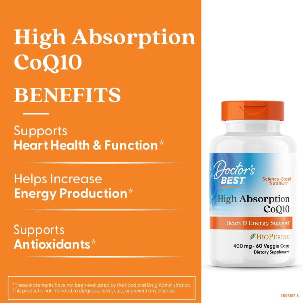 Doctor's Best High Absorption Co Q10 with Bio Perine, 400 Mg, 60 Veggie Caps