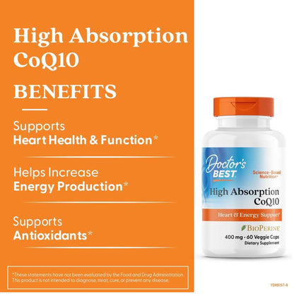 Doctor's Best High Absorption Co Q10 with Bio Perine, 400 Mg, 60 Veggie Caps