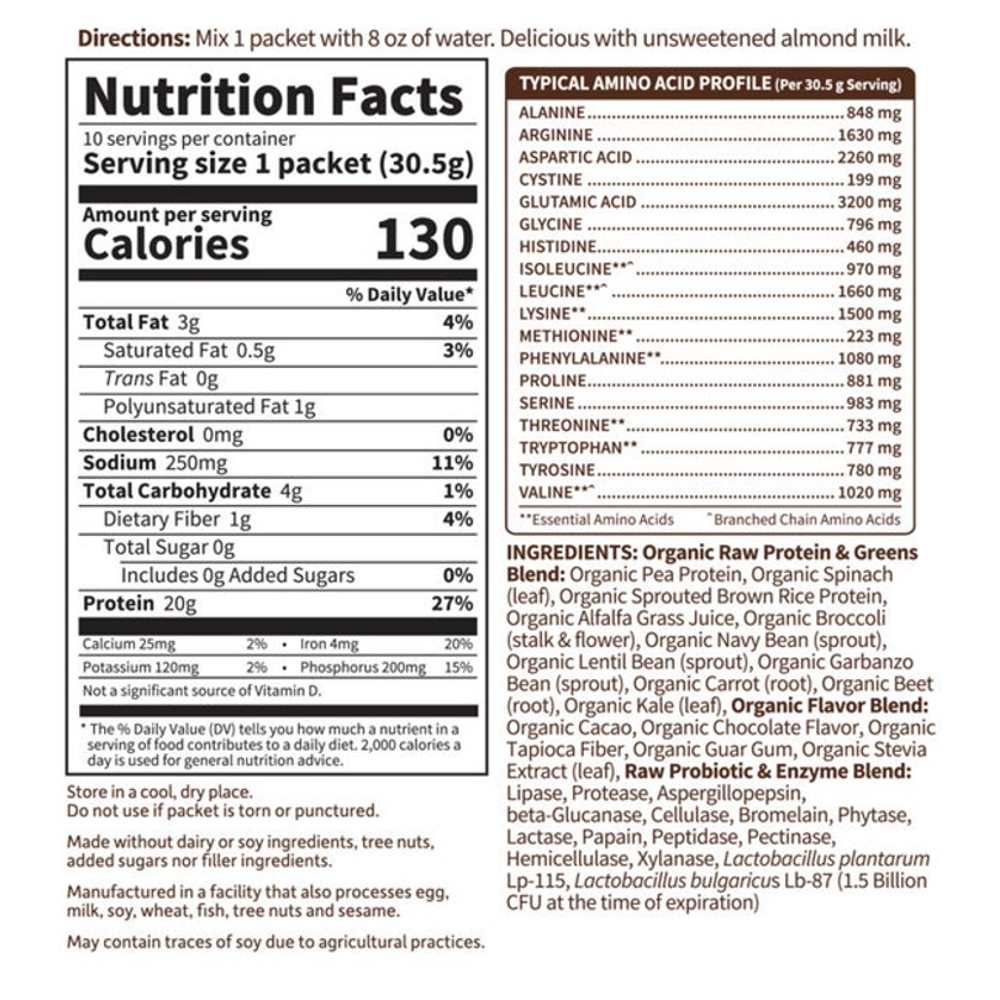 Garden of Life Raw Protein & Greens Chocolate Cacao 10 Packets 1.07oz (31g) Powder