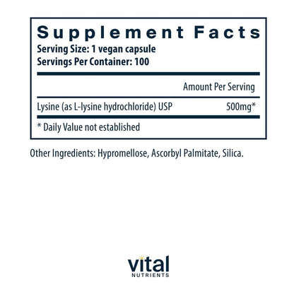 Vital Nutrients Lysine 500mg 100 Caps