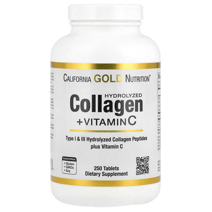 California Gold Nutrition – Hydrolyzed Collagen + Vitamin C | 250 Tablets | Skin & Joint Support