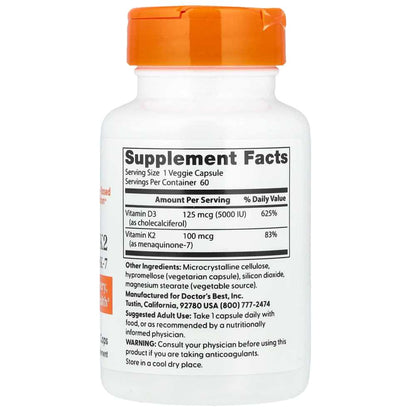 Doctor's Best Vitamin D3 + K2 Mk-7 Veggie Caps 60 Count