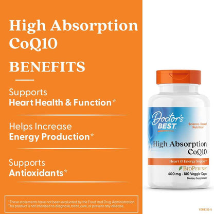 Doctor's Best High Absorption Co Q10 with Bio Perine, 400 Mg, 180 Veggie Caps