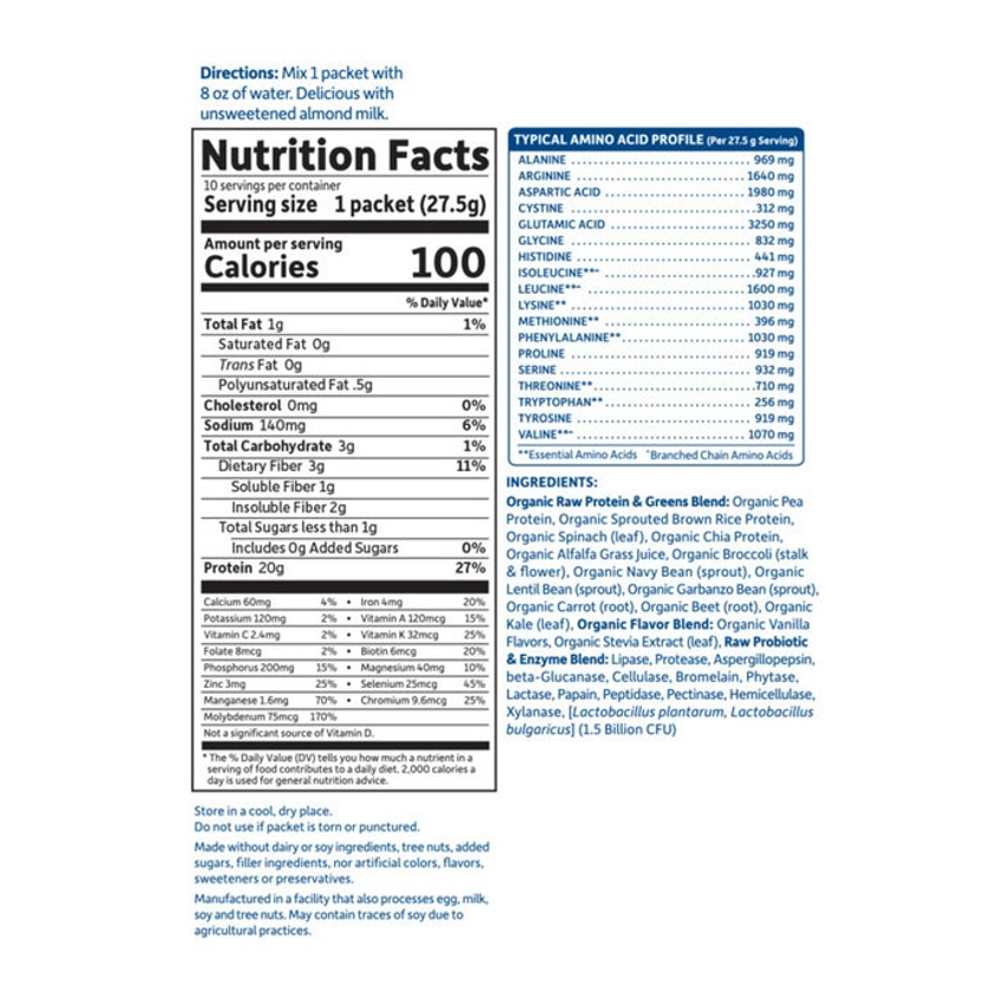 Garden of Life Raw Protein & Greens Vanilla 10 Packets 0.97oz (28g) Powder