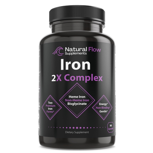 Natural Flow Supplements Iron 2X Complex – Heme Iron & Non-Heme Iron Bisglycinate – 90 Capsules