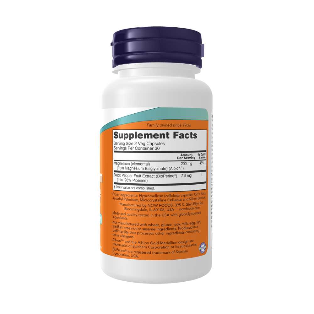 Now Foods Magnesium Glycinate with Bio Perine® – Highly Absorbable Nervous System Support – 60 Veg Capsules