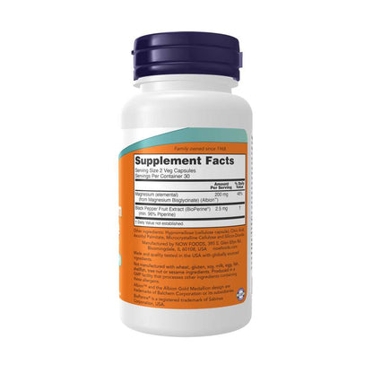 Now Foods Magnesium Glycinate with Bio Perine® – Highly Absorbable Nervous System Support – 60 Veg Capsules