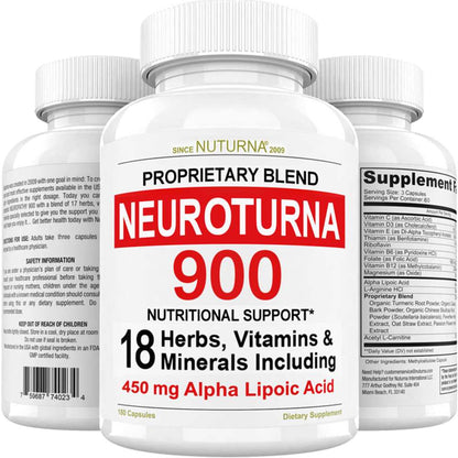 Nuturna Neuroturna 900 – 18-Ingredient Nerve & Brain Support Formula with 450mg Alpha Lipoic Acid | 180 Capsules
