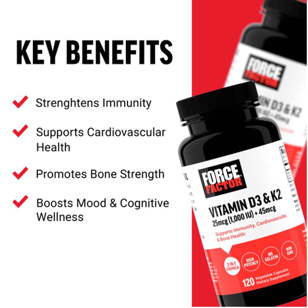 Force Factor Vitamin D3 + K2 – 120 Capsules