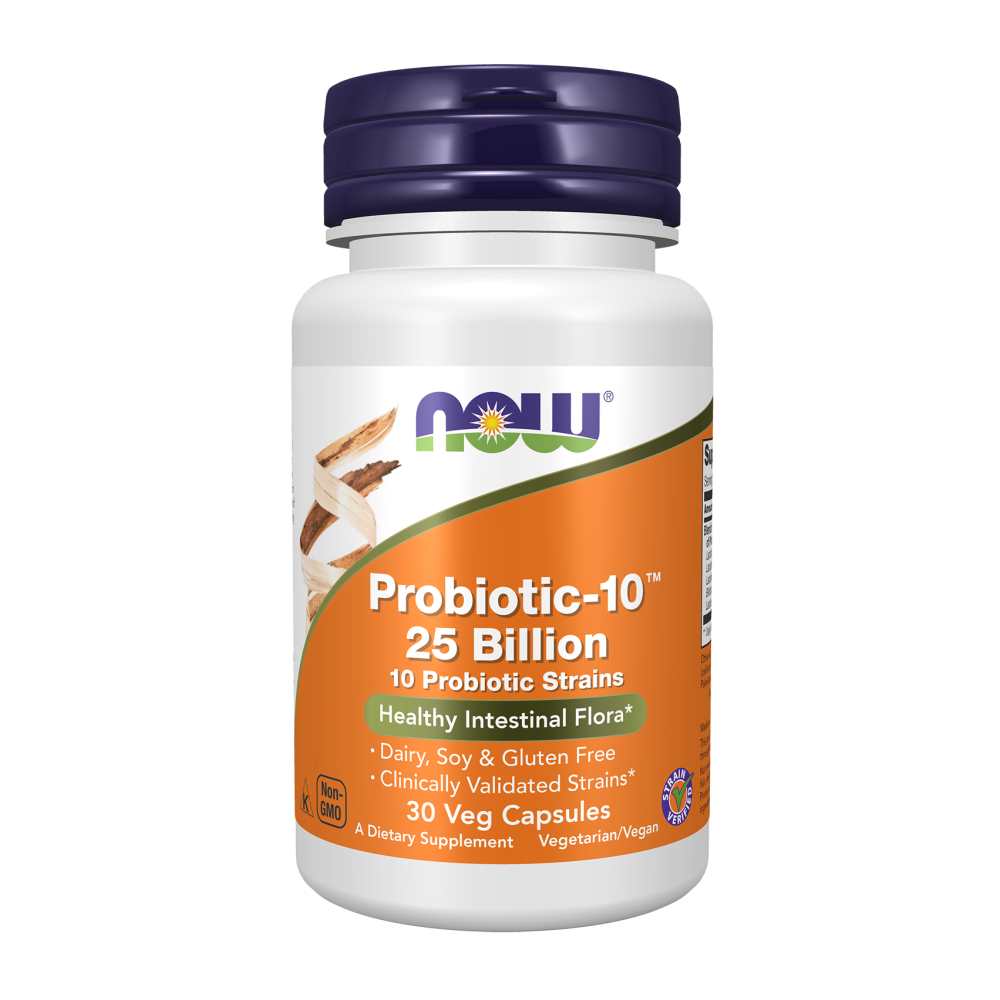 Now Foods Probiotic-10™ 25 Billion – 10 Clinically Validated Strains for Intestinal Flora Support – 30 Veg Capsules