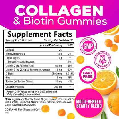 Collagen & Biotin Gummies by Nature’s Nutrition – 60 Orange-Flavored Gummies | Beauty Support Supplement