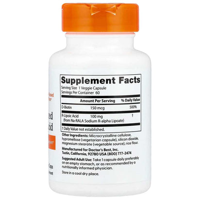 Doctor's Best Stabilized R-Lipoic Acid 100mg Veggie Caps 60 Count