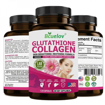 Bcuelov Glutathione + Collagen Capsules – 120 Count | 500mg+ Brightening Formula with Vitamin C