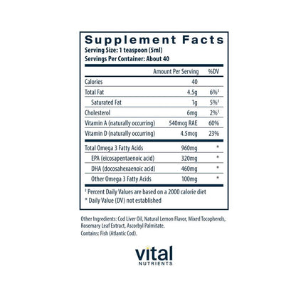 Vital Nutrients Ultra Pure® Cod Liver Oil 1025 Pharmaceutical Grade 200ml