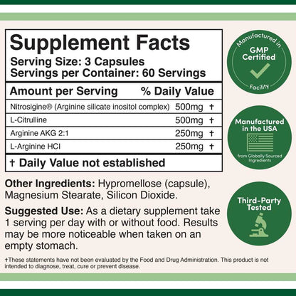 Nitric Oxide Booster by Double Wood – 1500 Mg per Serving – 180 Capsules