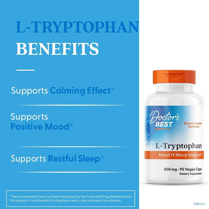 Doctor's Best L-Tryptophan with Trypto Pure, 500 Mg, 90 Veggie Caps