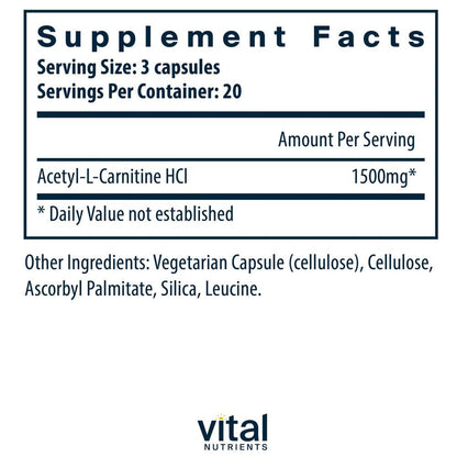 Vital Nutrients Acetyl L-Carnitine 500mg 60 Caps