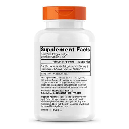 Doctor's Best Vegan Dha from Algae with Life's Dha 200mg Veggie Softgels 60 Count