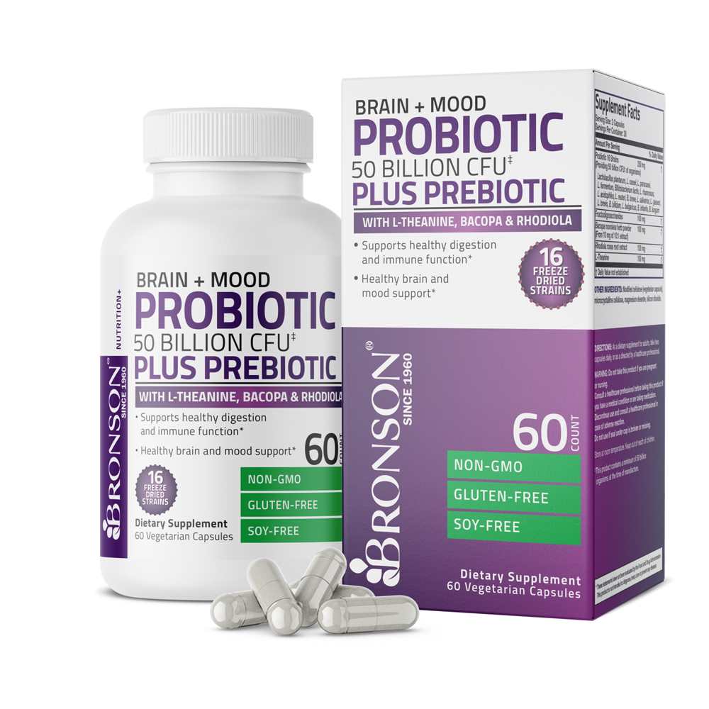 Bronson Vitamins Probiotic Plus Prebiotic with L-Theanine, Bacopa & Rhodiola - 50 Billion Cfu - 60 Vegetarian Capsules