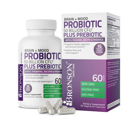 Bronson Vitamins Probiotic Plus Prebiotic with L-Theanine, Bacopa & Rhodiola - 50 Billion Cfu - 60 Vegetarian Capsules