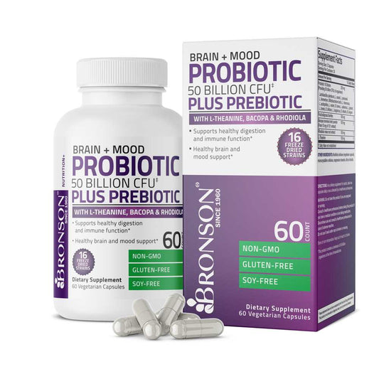 Bronson Vitamins Probiotic Plus Prebiotic with L-Theanine, Bacopa & Rhodiola - 50 Billion Cfu - 60 Vegetarian Capsules