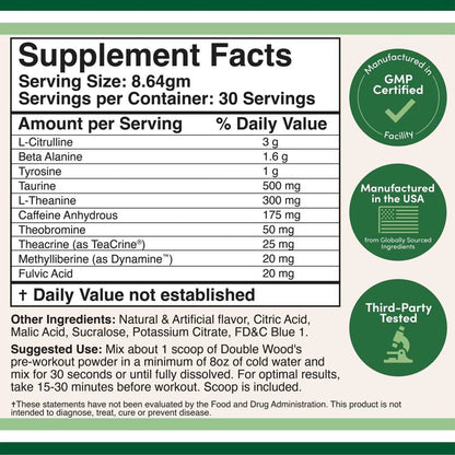 Double Wood Pre-Workout DWS – 175mg Caffeine & Multi-Ingredient Performance Formula | 30 Servings