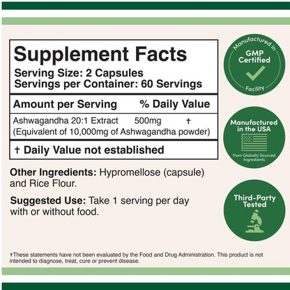Double Wood Ashwagandha 500mg – High Potency 20:1 Extract (120 Capsules)