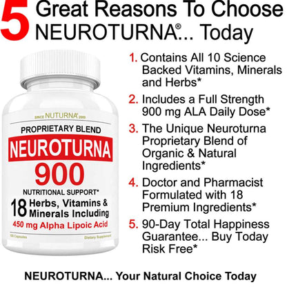 Nuturna Neuroturna 900 – 18-Ingredient Nerve & Brain Support Formula with 450mg Alpha Lipoic Acid | 180 Capsules