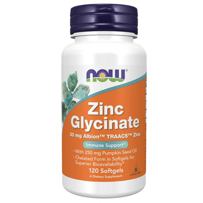 Now Foods Zinc Glycinate 30mg – Immune Support with Pumpkin Seed Oil – 120 Softgels