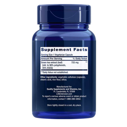 Life Extension Lightly Caffeinated Mega Green Tea Extract 98% Polyphenols 100 Vegetarian Capsules