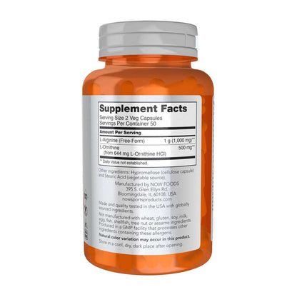 Now Sports Arginine & Ornithine 500 Mg / 250 Mg – 100 Veg Capsules