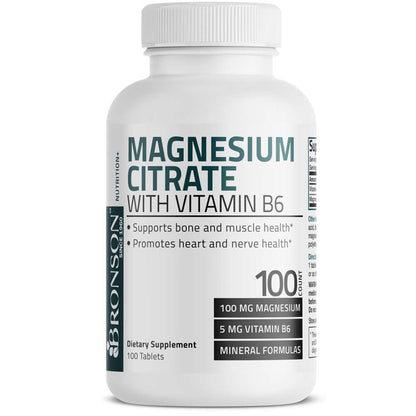 Bronson Vitamins Magnesium Citrate with Vitamin B6 100 Tabs