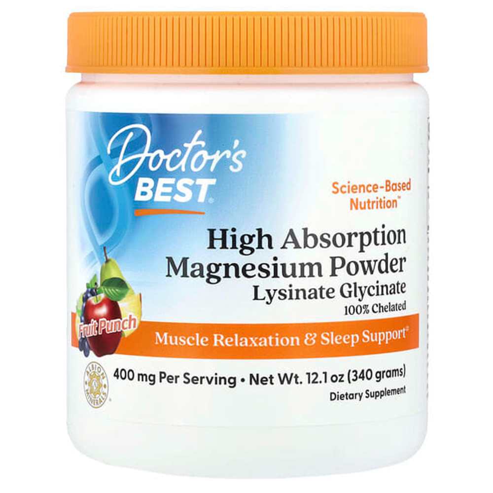 Doctor's Best High Absorption Magnesium Powder Lysinate Glycinate 100% Chelated, 400 Mg per Serving, Fruit Punch,  340g