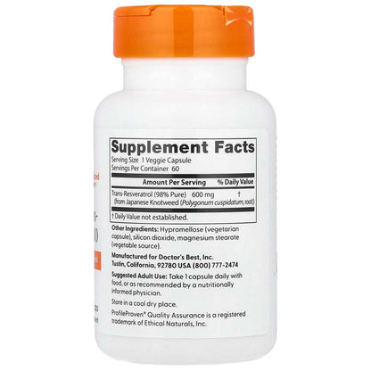 Doctor's Best High Potency Trans-Resveratrol 600 Mg, 60 Veggie Caps