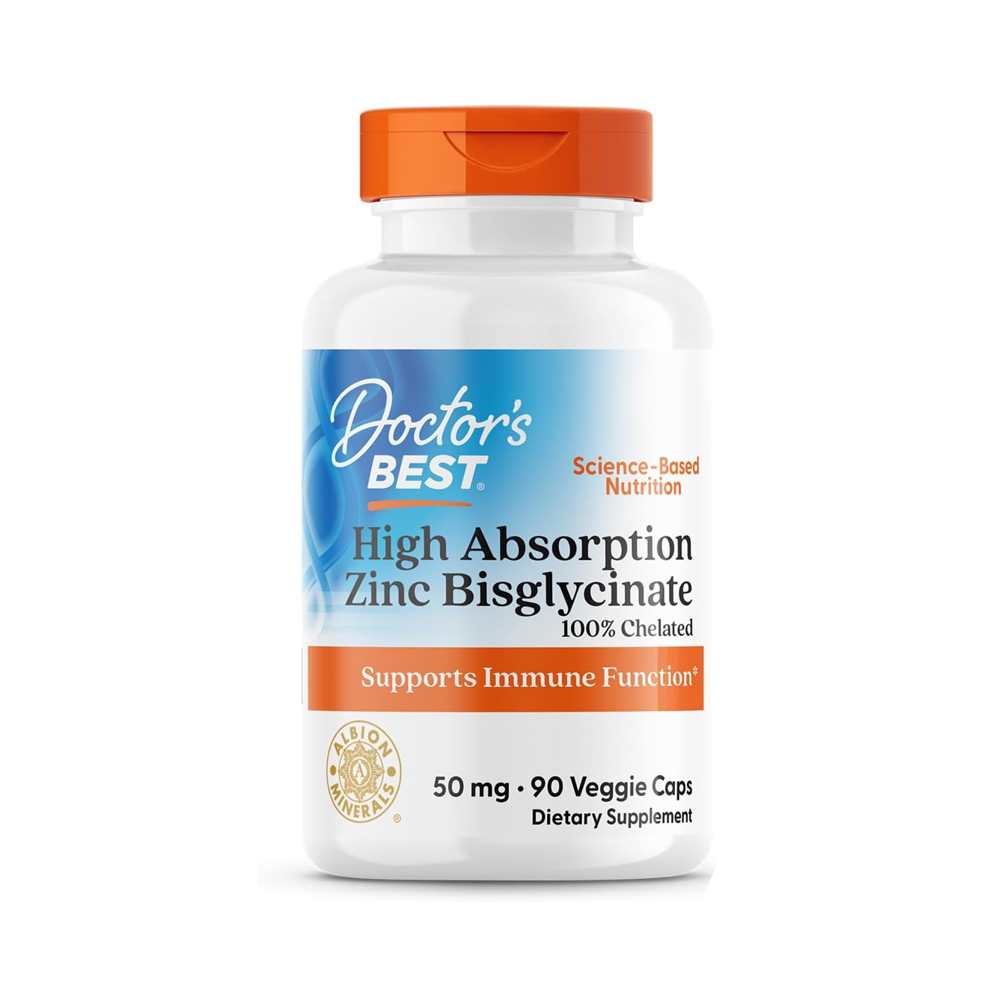 Doctor's Best High Absorption Zinc Bisglycinate, 100% Chelated, 50 Mg, 90 Veggie Caps