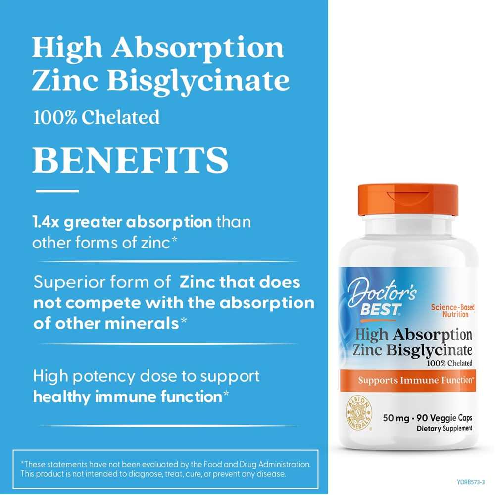 Doctor's Best High Absorption Zinc Bisglycinate, 100% Chelated, 50 Mg, 90 Veggie Caps
