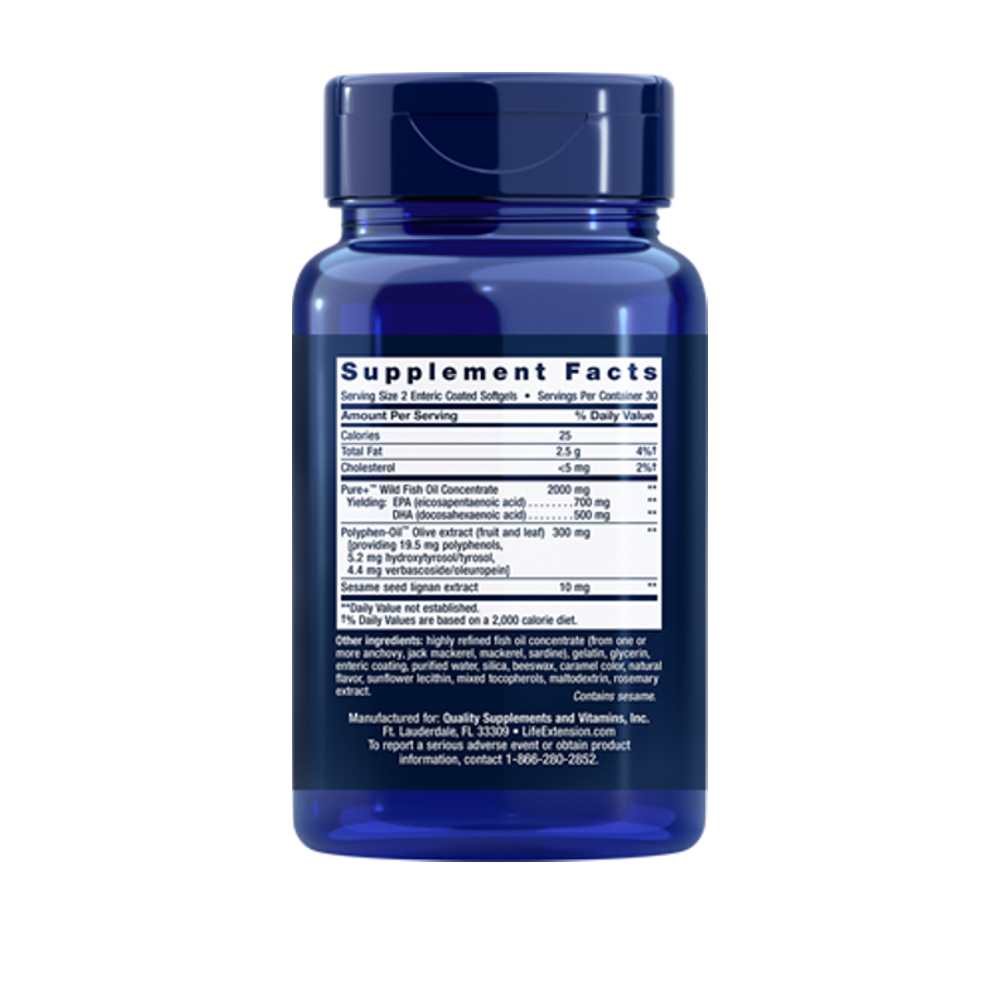 Life Extension Super Omega-3 Epa/dha Fish Oil, Sesame Lignans & Olive Extract 60 Enteric-Coated Softgels
