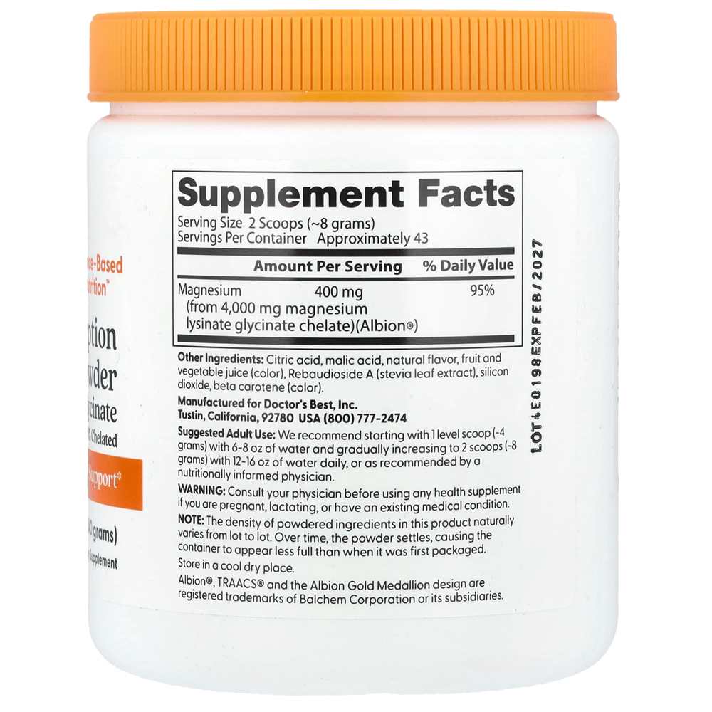 Doctor's Best High Absorption Magnesium Powder Lysinate Glycinate 100% Chelated, 400 Mg per Serving, Fruit Punch,  340g