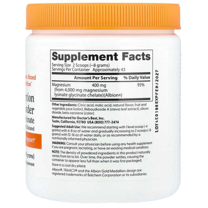 Doctor's Best High Absorption Magnesium Powder Lysinate Glycinate 100% Chelated, 400 Mg per Serving, Fruit Punch,  340g