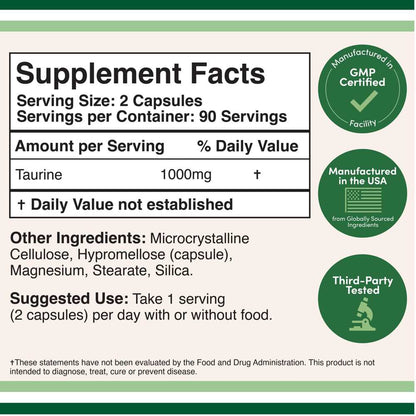 Double Wood Taurine 1000mg – 180 Capsules