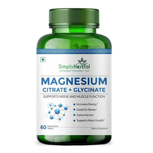 Simply Herbal Magnesium Citrate + Glycinate – Nerve, Muscle & Heart Support | 60 Tablets Dietary Supplement