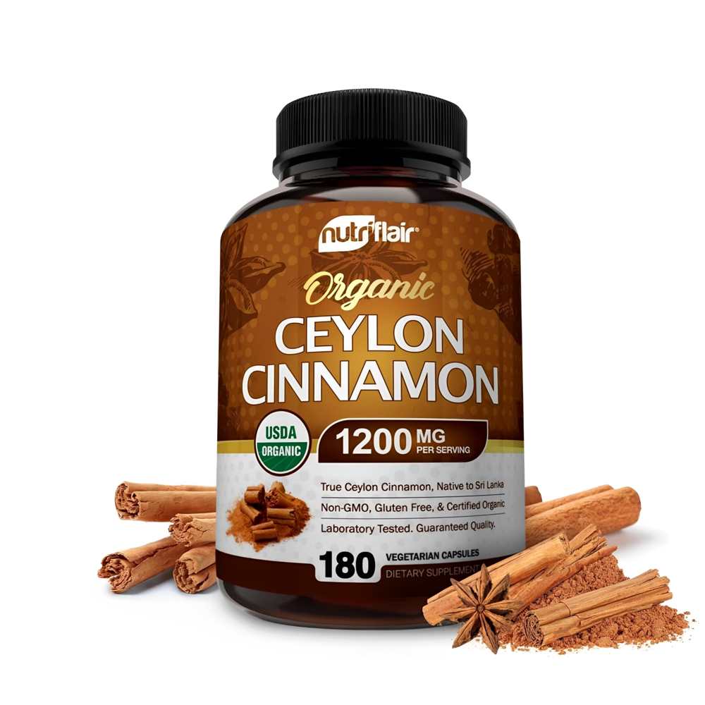 NutriFlair Organic Ceylon Cinnamon 1200mg – True Sri Lankan Cinnamon (180 Vegetarian Capsules)